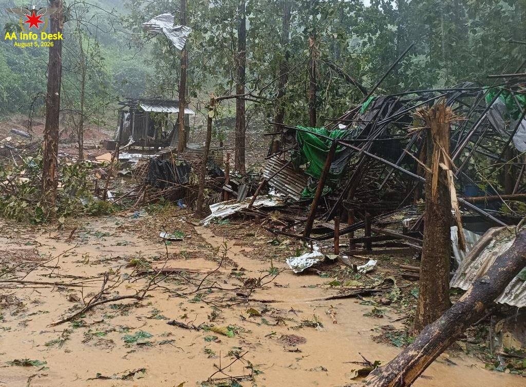 Damage to residential houses and several buildings following an aerial bombardment carried out by the Myanmar military junta in the vicinity of Mrauk-U, Arakan State, on the night of August 4, 2026.