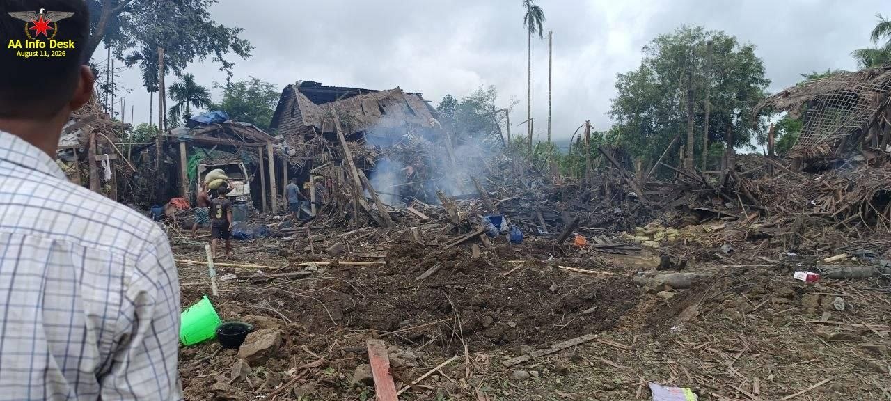Residential houses in Kyauk Gyi Village, Thandwe Township, were damaged in a Myanmar military airstrike on August 11, 2026.(Photo: AA Info Desk)
