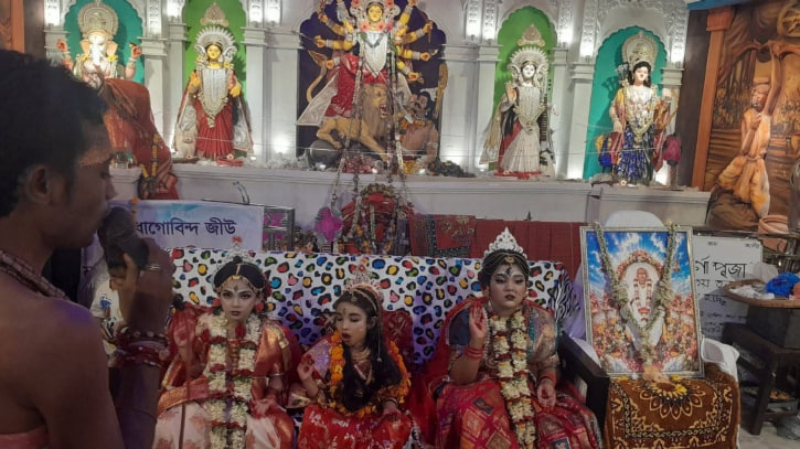 Three Young Girls Worshipped as Goddesses on Maha Ashtami During Durga Puja in Chittagong